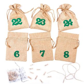 1 szt. Kalendarz adwentowy woreczki jutowe 13 x 18 cm - brązowe jasne + zielone numery Hurt i detal od producenta